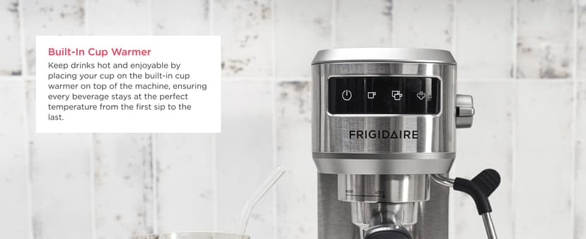 Frigidaire Steam Espresso Maker, Coffee Machine with Milk Frother & Cup Warmer, 20 Bar Pressure, 34 oz Removable Water Tank, Single or Double Shot, Stainless Steel