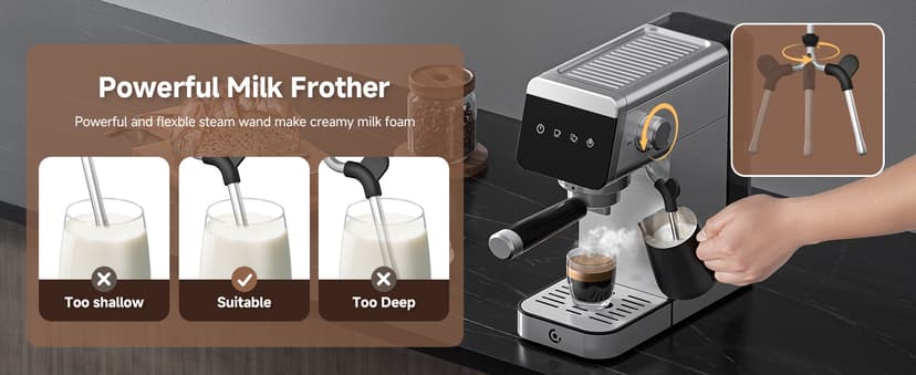 AMZCHEF Espresso Machines with LED Touch screen, Espresso Coffee machine Equip 20Bar Pressure System, Cappuccino Machine, Compact Latte Machine for Home Gifts,Silver