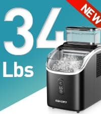 EUHOMY Nugget Ice Maker Countertop with Handle, Ready in 6 Mins, 34lbs Per Day, Removable Top Cover, Auto-Cleaning, Portable Sonic Ice Maker with Basket and Scoop, for Home/Party/RV/Camping (Black)