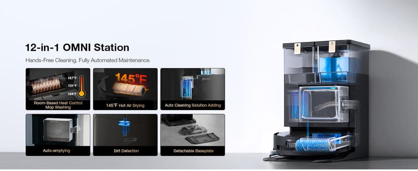 ECOVACS DEEBOT X8 PRO OMNI Robot Vacuum and Mop, 18000Pa, OZMO ROLLER Instant Self-Washing Mopping, 167℉ Hot Water Mop Washing, Auto Cleaning Solution Adding, Hot Air-Drying, Self-Emptying, Black