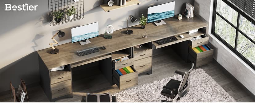 Bestier 59” Computer Desk with 4 Drawers, Office Desk with Storage, Industrial Executive Desk with File Drawer, Keyboard Tray & 2 Pedestals on Both Sides for Home Office & Studio, Grey
