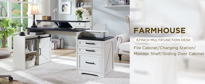 JXQTLINGMU 58" Executive Desk, Farmhouse Computer Desk with Drawers and Cabinet, Embossed Texture Home Office Desk w/Charging Station, Workspace for Work Study Writing, Off White