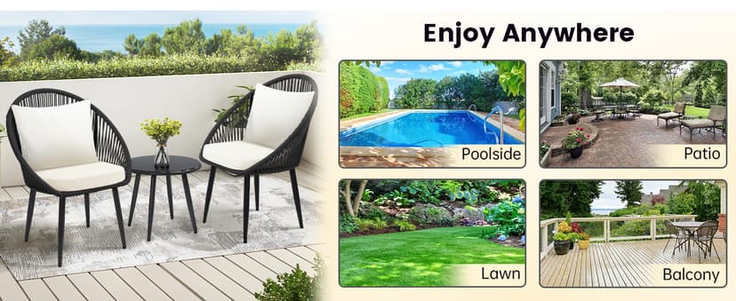 3 Pieces Bistro Set, Woven Rope Chair with Cushions, All Weather Patio Conversation Set and Side Table, Ideal for Deck, Balcony, Poolside, Black