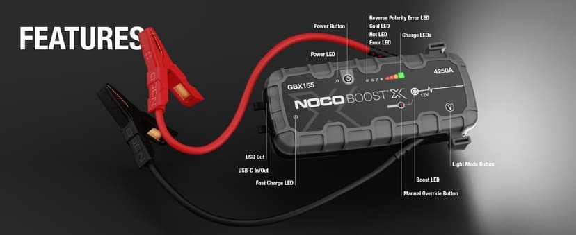 NOCO Boost X GBX155: 4250A UltraSafe Jump Starter – 12V Lithium Battery Booster Pack, Portable Jump Box, Power Bank & Jumper Cables - for 6.5L Gas and 4.0L Diesel Engines