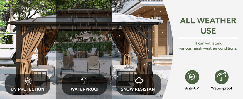 Aoxun 12'x10' Hardtop Gazebo, Aluminum Frame Permanent Pavilion with Curtains and Netting, Outdoor Polycarbonate Double Roof Canopy, Designed for Garden, Lawns, Patio, Brown