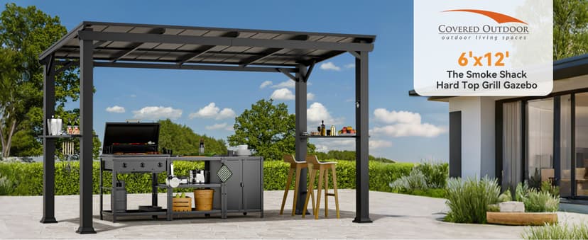 Hardtop Grill Gazebo 6'x12'with Side Shelf, Outdoor Gazebo with Bottle Opener & Hooks, Grill Canopy with Sturdy Rustproof Design for Backyard, Garden, Patio,Black
