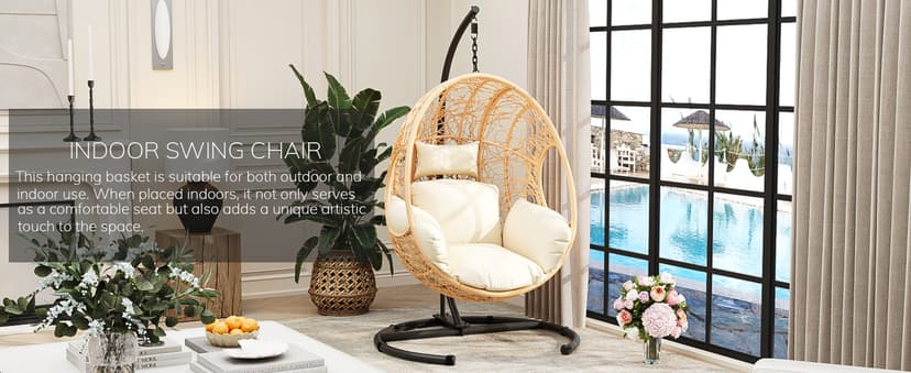 Oversized Hanging Egg Chair Outdoor Indoor, Wicker Swing Egg Chair with Stand 400lbs Capacity for Bedroom, Patio, Garden and Balcony (Beige-nest, Oversize)