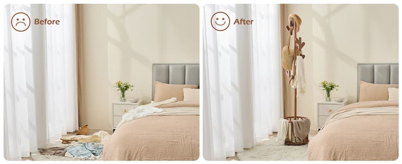 CozyDH Solid Wood Coat Rack Freestanding with Lockable 360° Rotary Casters, Coat Tree Stand with Umbrella Holder & Laundry Basket Storage & 12 Hooks, Walnut