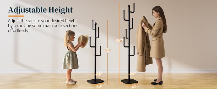 Yoobure Coat Rack Freestanding with Natural Marble Base - Cactus Coat Tree with 6 L-shaped Hooks, Heavy Duty Coat Hanger Stand, Metal Coat Rack Stand for Entryway, Hall Tree for Jacket/Hat/Clothes/Bag