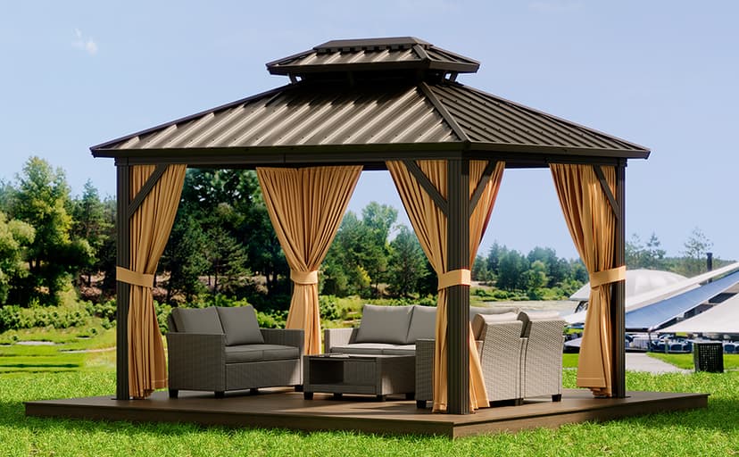 10'x10' Hardtop Gazebo, Heavy Duty Aluminum Permanent Hardtop Gazebo Outdoor Pavilion with Curtains and Netting for Garden (Khaki, 10'x10')
