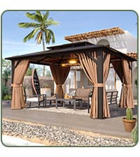 Aoxun 12'x10' Hardtop Gazebo, Aluminum Frame Permanent Pavilion with Curtains and Netting, Outdoor Polycarbonate Double Roof Canopy, Designed for Garden, Lawns, Patio, Brown