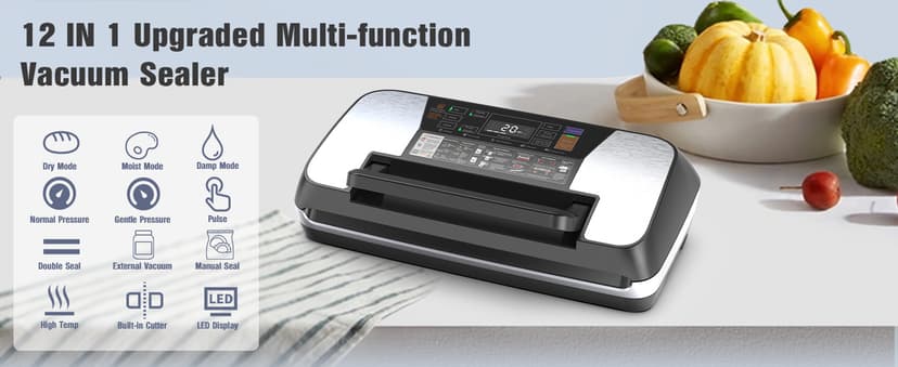 230 Watts Vacuum Sealer for Food, Commercial Vacuum Sealer Machine with Double Heat Seal, Easy Lock Handle, 12 Functions, Bags Storage,Build-in Cutter, 1 Roll and 10 Pre-cut Bags, Progress Display