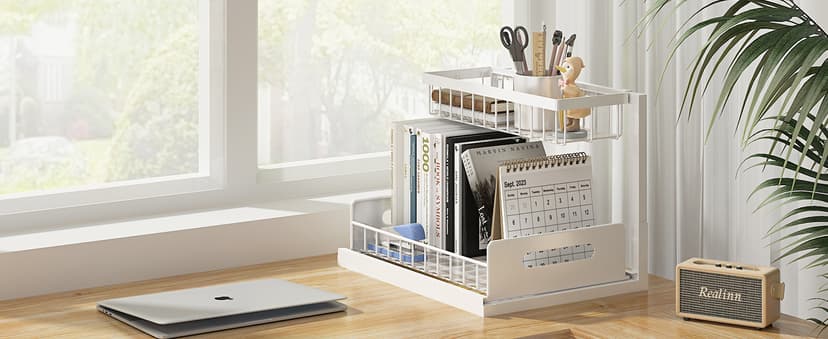 REALINN Under Sink Organizer, Pull Out Cabinet Organizer 2 Tier Slide Out Sink Shelf Cabinet Storage Shelves, Under Sink Storage for Kitchen Bathroom Cabinet, White, 1 Pack