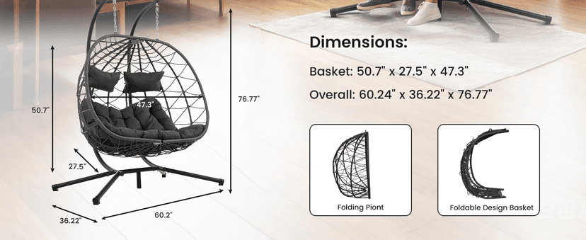 2 Person Double Egg Swing Chair with Stand Indoor Outdoor, Hammock Egg Chair Outdoor, Patio Wicker Hanging Egg Chair w/Cushion 700LBS Capacity for Bedroom, Balcony, Garden, Dark Grey