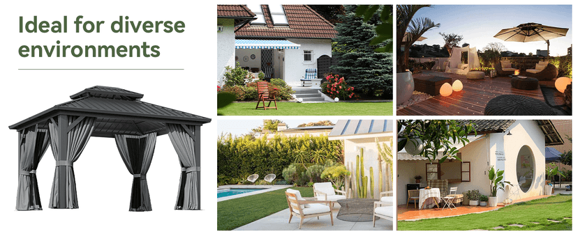 Aoxun 12'x10' Hardtop Gazebo, Aluminum Frame Permanent Pavilion with Curtains and Netting, Outdoor Galvanized Double Roof Canopy, Designed for Garden, Lawns, Patio (Black/Grey)