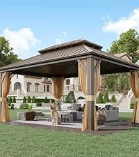 YOLENY 10'x13' Hardtop Gazebo, Outdoor Polycarbonate Double Roof Canopy, Aluminum Frame Permanent Pavilion with Curtains and Netting, Sunshade for Garden, Patio, Lawns