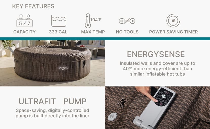 Bestway SaluSpa Bali Smart AirJet Inflatable Hot Tub Round Portable 5-7 Person Spa with 180 AirJets, App Control and EnergySense Cover, Brown Rattan