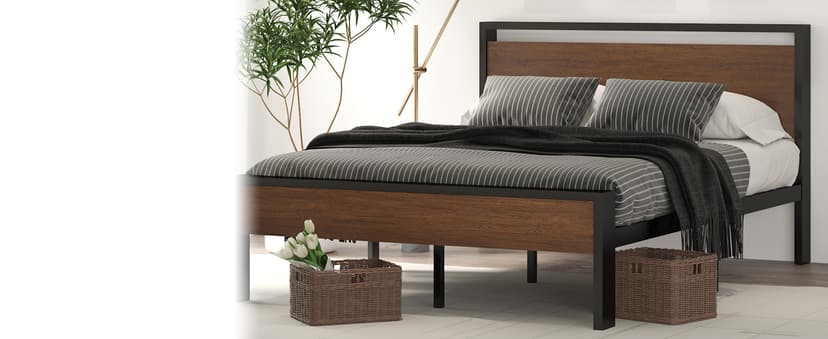 SHA CERLIN 14 Inch Queen Size Metal Platform Bed Frame with Wooden Headboard and Footboard, Mattress Foundation, No Box Spring Needed, Large Under Bed Storage, Non-Slip Without Noise, Black Oak