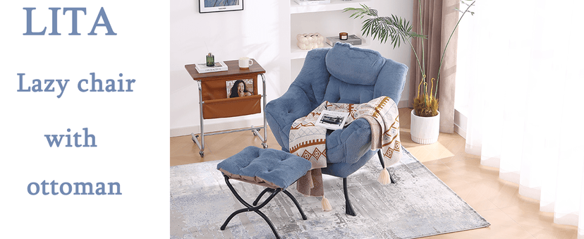 LITA Lazy Chair with Ottoman, Modern Accent Leisure Upholstered Lazy Sofa Armchair, Contemporary Lounge Reading Chair with Armrests and a Side Pocket for Living Room, Bedroom & Small Space, Dark Grey