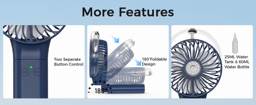 COMLIFE Portable Handheld Misting Fan, 3000mAh Rechargeable Battery Operated, 180° Foldable, Mini Personal Fan with Water Sprayer for Travel, Makeup, Home, Office, Camping, Outdoors