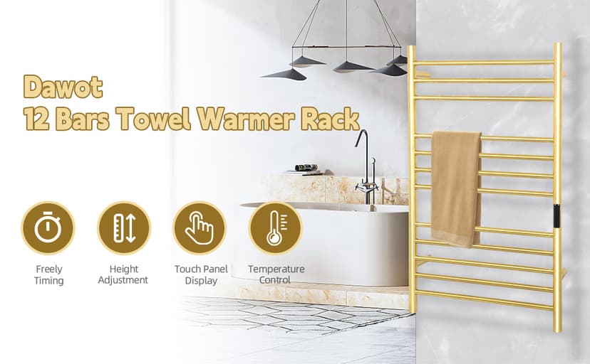 12 Bars Towel Warmer Rack, 23" Electric Wall Mounted Heated Towel Rack with Timer and Temperature Control, Towel Heater Hard Wired/Plug-in Hot Towel Rails for Bathroom, Brushed Gold