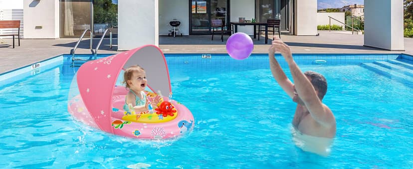 EZIGO Baby Pool Float with Canopy UPF50+ Sun Protection, Inflatable Kids Pool Floats with Ocean Animal Toys for Baby 6-36 Months, Infant Swimming Float with Adjustable Safety Seat for Boys Girls