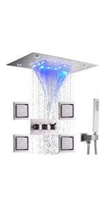 14 X 20 Inch LED Rain Ceiling Shower Head with Hand Sprays Thermostatic Rainfall Shower System Set Digital Display Matte Black