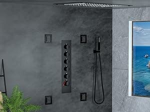 HOMEDEC Luxury Full Body Shower Jets System, 15x28inch Rain Shower Faucet Set Combo with 4pcs Adjustable Large Body Jet with Handheld Spray (Matte Black, 3 Functions Shower Head)