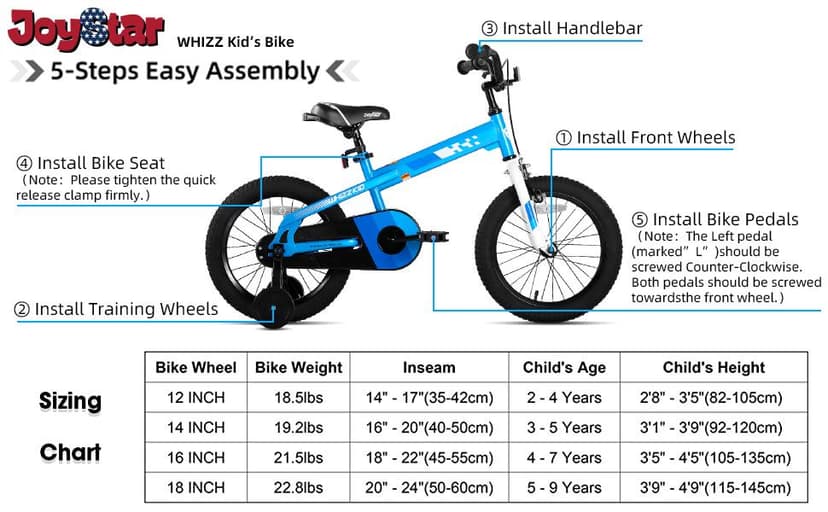 JOYSTAR Whizz Kids Bike 12 14 16 18 Inch Kids' Bicycle for Toddler and Kids Ages 2-9 Years Old, BMX Style Boys Bike with Training Wheels, Children Bicycles, Multiple Colors