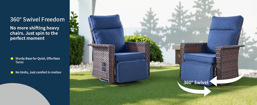 Swivel Patio Recliner Chairs Set of 2, 360° Rotation Outdoor Lounge Chairs, Adjustable Backrest & Footrest, Wide Armrests, PE Wicker with Removable Cushions for Deck, Poolside, Garden