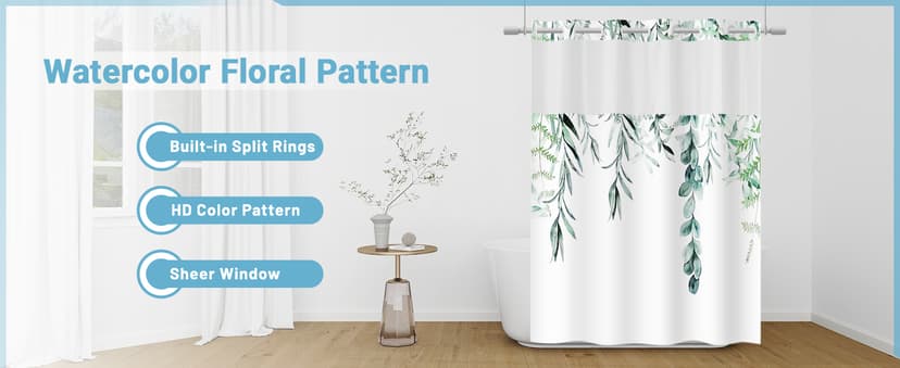 No Hook Shower Curtain with Snap in Liner - Watercolor Floral Shower Curtain - Fabric Waterproof Inner Liner, Plants Blue Beige Flowers White Cloth Shower Curtains Washable, 71 x 74 Inch