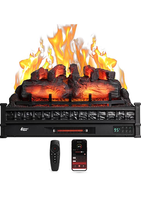 TURBRO Eternal Flame 26 in. WiFi Infrared Quartz Electric Fireplace Log Heater with Sound Crackling, Realistic Pinewood Logs, Adjustable Flame Colors, Remote Control, Thermostat, Timer, 1500W Black