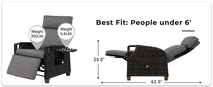 Grand patio Outdoor Recliner with Independent Adjustable Back and Footrest, Air Pump 150° Lay Flat Reclining Chair Removable Olefin Cushion Flip-Up Table Wicker Grey 1PC