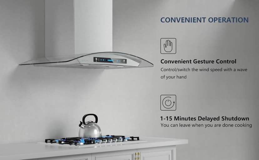 IKTCH 30-inch Wall Mount Range Hood Tempered Glass 900 CFM, Kitchen Chimney Vent Stainless Steel with Gesture Sensing & Touch Control Switch Panel, 2 Pcs Adjustable Lights(IKP03-30)