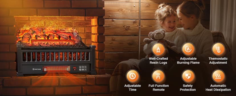 Electric Fireplace Logs 20-Inch, Remote Controller Fireplace Insert Log Heater, Adjustable Flame Colors, Realistic Fake firewood Flame, Overheat Protection, Timer, Thermostat, 1500W Black