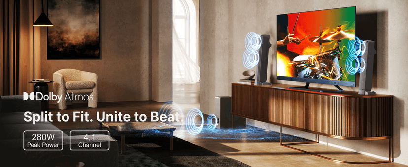 ULTIMEA 4.1ch Sound Bar for Smart TV with Dolby Atmos, 2-in-1 Bluetooth 5.3 Soundbar with Subwoofer, 280W Peak Power, 3 EQ Modes TV Soundbar, Bass Adjustable, HDMI eARC, Apollo S60, 2025 Upgraded