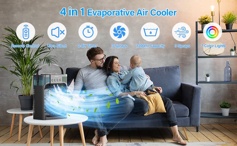 Portable Air Conditioners,4-in-1 Evaporative Air Cooler with 3 Speeds, 3 Modes & 7 LED Light Cooling Fan with Remote, 2-8H Timer, 1200ML Personal Mini Air Conditioner for Bedroom and Office