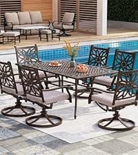 PHI VILLA Cast Aluminum Patio Dining Set for 6 Person, 7 Piece Outdoor Patio Set with 54" Dia Cast-Top Aluminum Table(2.1" Umbrella Hole) and 6 Swivel Rockers Dining Chairs with Seat Cushions