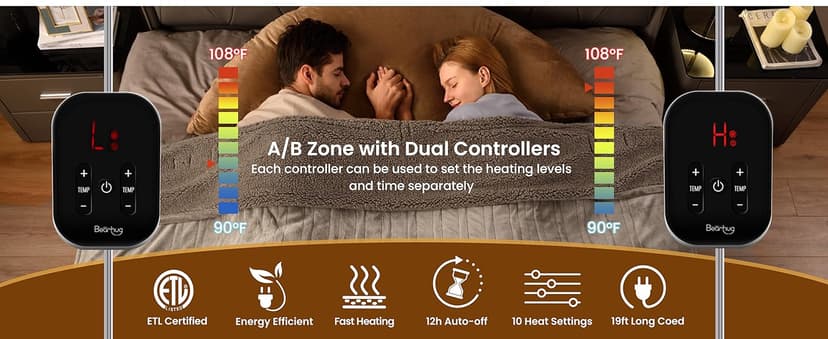 Bearhug Electric Blanket King Size 100" x 90", Dual Controller Heated Blanket, Velvet & Sherpa, 10-Heat Levels & 1-12H Auto Off, Over-Heat Protect, ETL, Machine Washable