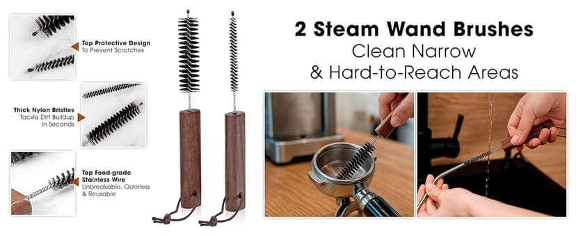 Takavu Coffee Grinder Cleaning Kit – 5pcs Boar Bristle Grinder Brush, Detail Scrub Brush, Steam Wand Brushes & Microfiber Towel for Espresso Machine Coffee Maker Pour Over