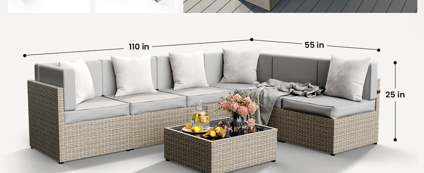 Pamapic 7-Piece Outdoor Sectional Furniture Set, All-Weather Wicker Patio Sofa with Washable Cushions, Gray Waterproof Rattan Conversation Set for Backyard, Poolside, Garden (Gray Cushions)