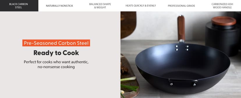 GreenPan Carbon Steel Wok 14”, Flat Bottom, Durable Stir-Fry Pan, Pre-Seasoned Nonstick Patina, High Heat Retention, Induction, Ash Wood Handle, Kyoto, Black