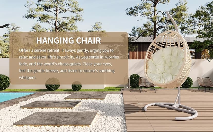 TWT Egg Swing Chair with Stand Hanging Egg Chair Outdoor - Rattan Wicker Patio Hanging Basket Chair Hammock Chair with Metal Frame and UV Resistant Cushion for Indoor Bedroom Balcony (Beige)