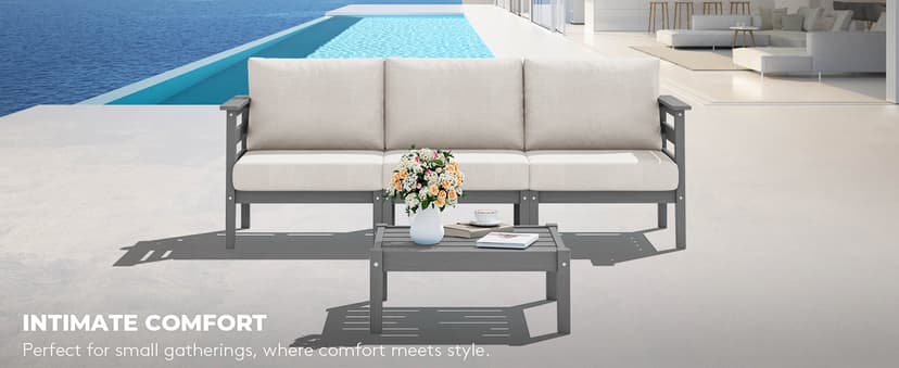 SERWALL HDPE Patio Furniture Set, 10 Pieces Outdoor Sectional Sofa Set, All-Weather Wood-Like Outdoor Sofa Couch with Coffee Table for Deck, Lawn, Grey Frame with Khaki Cushion