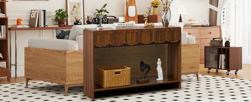 Console Table with Drawers, Mid-Century 43 Inches Narrow Entryway Tables with Open Storage Shelves, Hallway Accent Tables Behind Couch Table for Living Room - Walnut