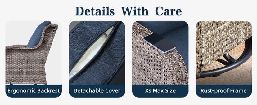 6 Piece Patio Furniture Set with Swivel Chairs, Side Table & Ottomans, Outdoor Conversation Set for Backyard, Deck, Porch, Poolside - Blue Comfortable Cushions in Mixed Grey Wicker