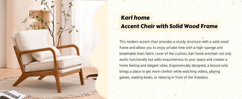 Karl home Accent Chair Mid-Century Modern Chair with Pillow Linen Fabric Upholstered Lounge Arm Chair with Solid Wood Frame & Soft Cushion for Living Room, Bedroom, Balcony, Beige