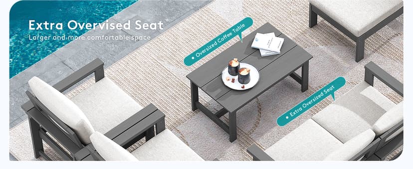 SERWALL HDPE Patio Furniture Set, 7-Piece Outdoor Sectional Sofa Set, All Weather Outdoor Couch Set for Deck, Lawn, Grey Frame with Khaki Cushion