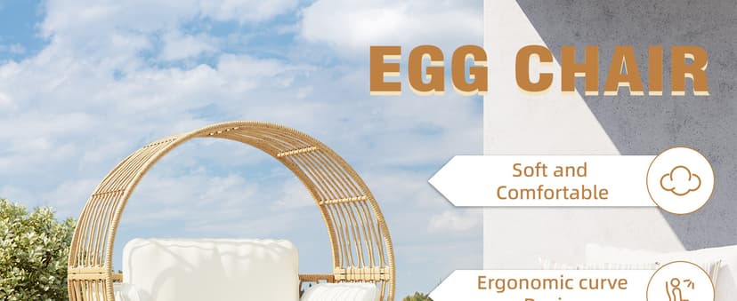 Egg Chair Outdoor Indoor, Oversized Rattan Chair with Thicken Cushion, 350LBS Capacity Wicker Patio Lounge Chair, Basket Chair for Living Room Balcony Porch Backyard, Beige