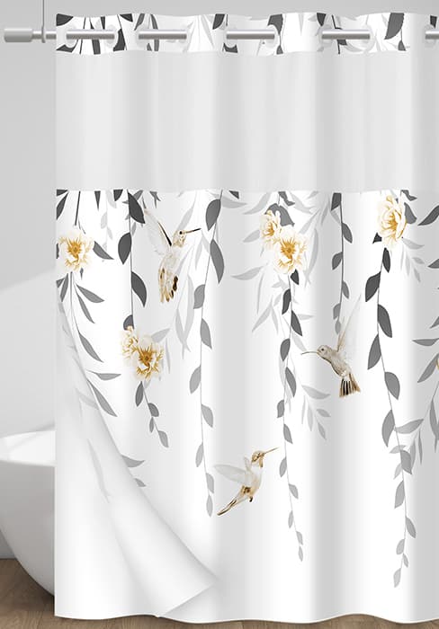 No Hook Shower Curtain with Snap in Liner - Watercolor Floral Shower Curtain - Fabric Waterproof Inner Liner, Plants Blue Beige Flowers White Cloth Shower Curtains Washable, 71 x 74 Inch